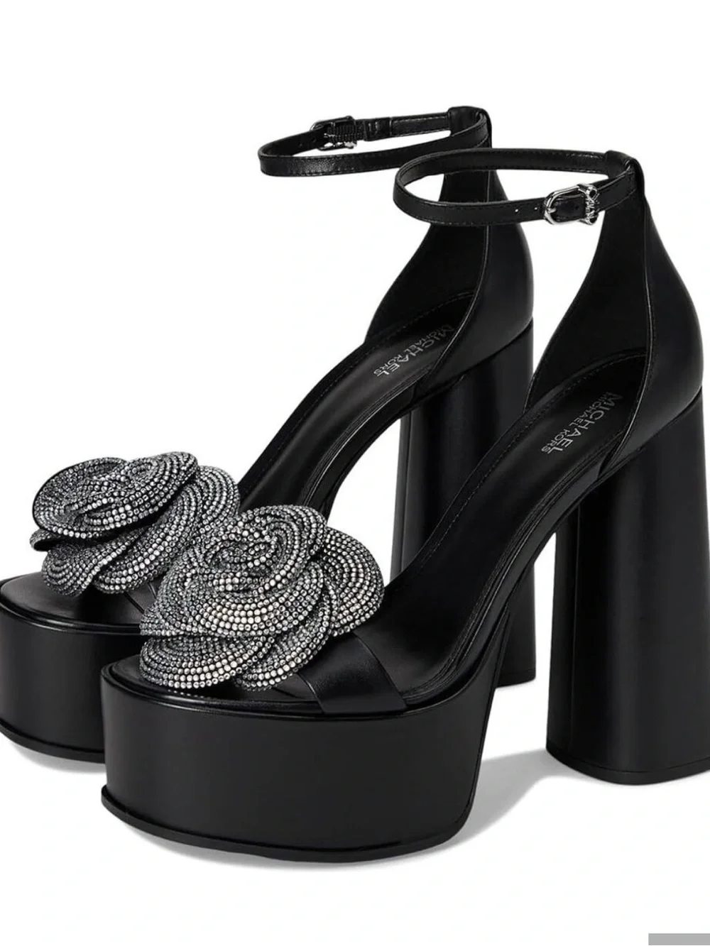 Michael Kors | Elodie Rosette Platform Sandals Heels Leather Black Silver 5.5